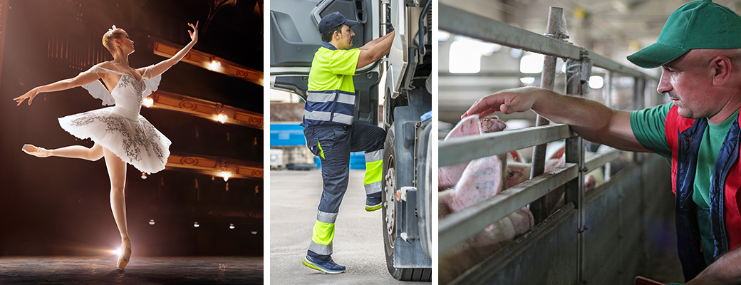 Image of ballerina, truck driver, and pig farmer in situ